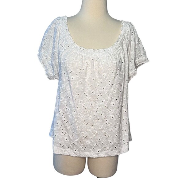 Buffalo David Bitton NWT Gracie Eyelet Top Blouse Short Sleeve White Size XL - Picture 2 of 8